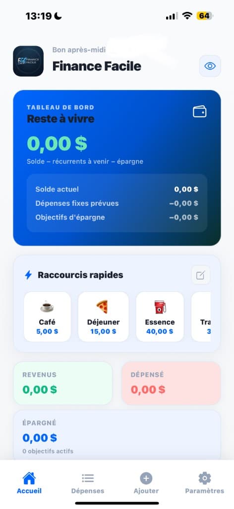 Aperçu de l'application Finance Facile